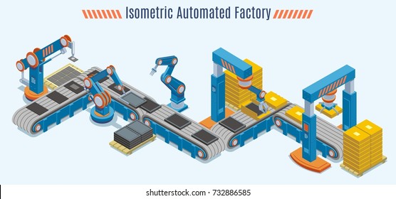 Isometric Automated Production Line Concept With Industrial Conveyor Belt And Robotic Mechanical Arms Isolated Vector Illustration