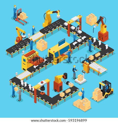 Isometric automated production line concept with people robotic arms and industrial automatic manufacturing process vector illustration