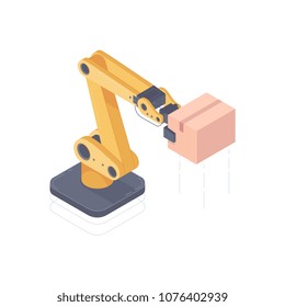 Isometric Automated Robot Arm. Smart Automated Robotic Arm Holding Box In A Warehouse. Design For Landing Page Of Modern Logistics Center. Vector 3d Isometric Illustration On White Background