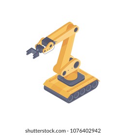 Isometric automated robot arm. Smart robot arm on caterpillars in a warehouse. Design for landing page of modern logistics center. Vector 3d illustration on white background.