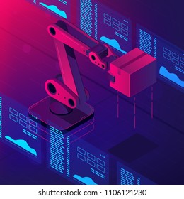 Isometric automated robot arm. Smart automated robotic arm holding box in a warehouse. Modern logistics center in vibrant gradient violet color. Vector 3d isometric illustration ultraviolet background Isometric automated robot arm. Smart automated robotic arm holding box in a warehouse. Modern logistics center in vibrant gradient violet color. Vector 3d isometric illustration ultraviolet background