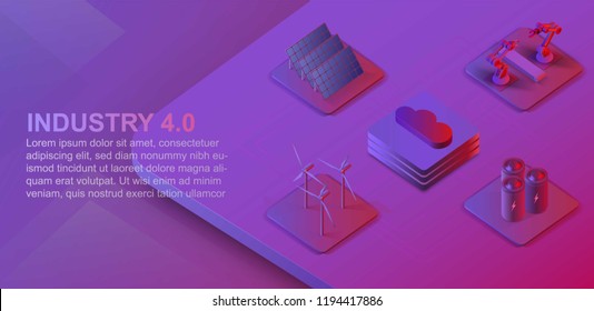 Isometric automated robot arms and conveyor belt. Wind farm, solar panels, cloud big data. Modern industry 4.0 isometric 3d concept. On ultraviolet background