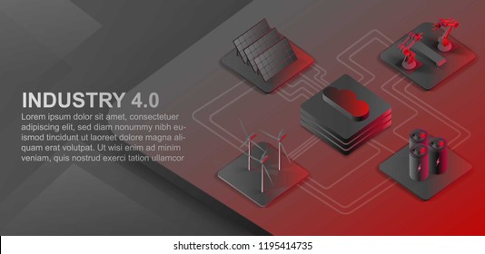 Isometric automated robot arms and conveyor belt. Wind farm, solar panels, cloud big data. Modern industry 4.0 isometric 3d concept. On the black and red background