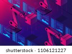 Isometric automated robot arms. Smart automated robotic arms holding box in a warehouse. Modern logistics center in ultra violet colors. Vector 3d isometric illustration ultraviolet background.