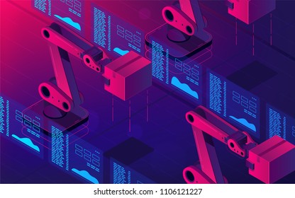 Isometric automated robot arms. Smart automated robotic arms holding box in a warehouse. Modern logistics center in ultra violet colors. Vector 3d isometric illustration ultraviolet background.
