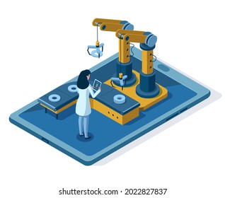 Isometric automated robotic arm engineering management. Automated robotic assembly line, engineer control mechanical systems vector illustration. Industrial robotic conveyor. Woman control process