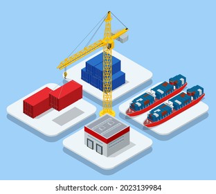 Isometric Automated Transport Vehicles Container Loading Cargo. Container Ship Loading and Unloading in Sea Port. Business Logistic Import and Export Freight Transportation by Container Ship