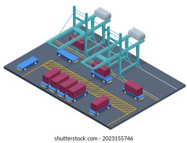 Isometric Automated Transport Vehicles Container Loading Cargo. Container Ship Loading and Unloading in Sea Port. Business Logistic Import and Export Freight Transportation by Container Ship