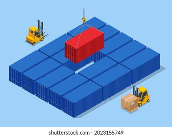 Isometric Automated Transport Vehicles Container Loading Cargo. Container Ship Loading and Unloading in Sea Port. Business Logistic Import and Export Freight Transportation by Container Ship