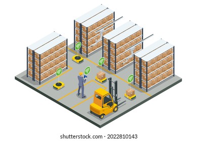 Isometric automated warehouse robots. Modern logistics center. Automated warehouse. Autonomous robot transportation in warehouses