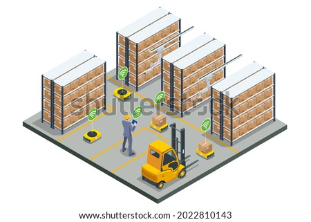 Isometric automated warehouse robots. Modern logistics center. Automated warehouse. Autonomous robot transportation in warehouses