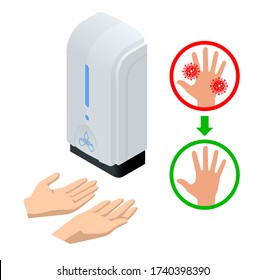 Isometric automatic alcohol hand sanitizer dispenser protection coronavirus Covid-19. Rubbing alcohol, wall mounted soap dispenser, wall hanging hand wash container Covid-19 spread prevention.