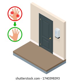 Protección isométrica automática de la mano del limpiador de alcohol, protección del dispensador coronavirus Covid-19. Alcohol para el frotamiento, dispensador de jabón montado en la pared, pared colgante de un contenedor de lavado manual Covid-19 prevención de la propagación.