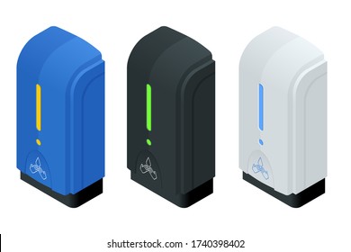 Isometric automatic alcohol hand sanitizer dispenser protection coronavirus Covid-19. Rubbing alcohol, wall mounted soap dispenser, wall hanging hand wash container Covid-19 spread prevention. - Powered by Shutterstock - Get 15% off with code: PIKWIZARD15