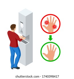 Isometric automatic alcohol hand sanitizer dispenser protection coronavirus Covid-19. Rubbing alcohol, wall mounted soap dispenser, wall hanging hand wash container Covid-19 spread prevention.