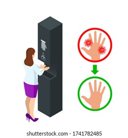 Isometric automatic alcohol hand sanitizer dispenser protection coronavirus Covid-19. Rubbing alcohol, wall mounted soap dispenser, wall hanging hand wash container Covid-19 spread prevention.