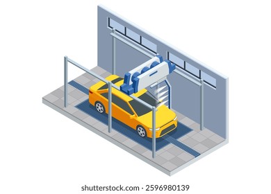 Isometric automatic car wash station. A yellow car is in an automatic car wash station. A large blue and white machine with rotating brushes is cleaning the vehicle. The station is indoors, with