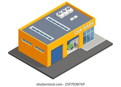 Isometric automatic car wash station. A worker in blue overalls is washing a red car inside a garage using a high-pressure washer. The car is covered with foam, and the floor has drainage grates.