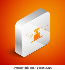 Isometric Automatic irrigation sprinklers icon isolated on orange background. Watering equipment. Garden element. Spray gun icon. Silver square button. Vector Illustration