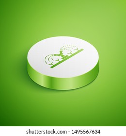 Isometric Automatic irrigation sprinklers icon isolated on green background. Watering equipment. Garden element. Spray gun icon. White circle button. Vector Illustration