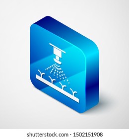 Isometric Automatic irrigation sprinklers icon isolated on white background. Watering equipment. Garden element. Spray gun icon. Blue square button. Vector Illustration