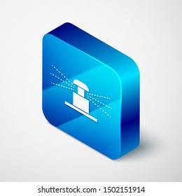 Isometric Automatic irrigation sprinklers icon isolated on white background. Watering equipment. Garden element. Spray gun icon. Blue square button. Vector Illustration