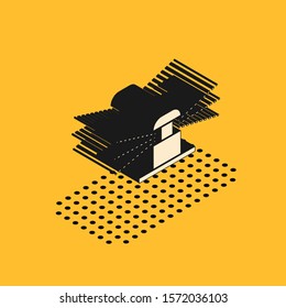 Isometric Automatic irrigation sprinklers icon isolated on yellow background. Watering equipment. Garden element. Spray gun icon.  Vector Illustration