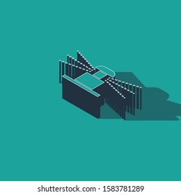 Isometric Automatic irrigation sprinklers icon isolated on green background. Watering equipment. Garden element. Spray gun icon.  Vector Illustration