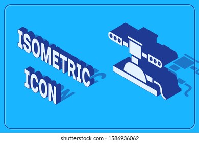 Isometric Automatic irrigation sprinklers icon isolated on blue background. Watering equipment. Garden element. Spray gun icon.  Vector Illustration