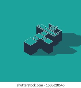Isometric Automatic irrigation sprinklers icon isolated on green background. Watering equipment. Garden element. Spray gun icon.  Vector Illustration
