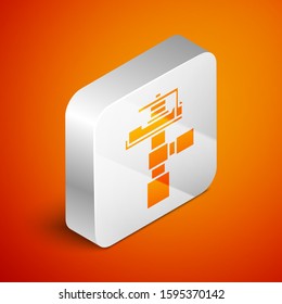 Isometric Automatic irrigation sprinklers icon isolated on orange background. Watering equipment. Garden element. Spray gun icon. Silver square button. Vector Illustration