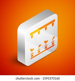 Isometric Automatic irrigation sprinklers icon isolated on orange background. Watering equipment. Garden element. Spray gun icon. Silver square button. Vector Illustration