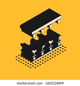 Isometric Automatic irrigation sprinklers icon isolated on yellow background. Watering equipment. Garden element. Spray gun icon.  Vector Illustration