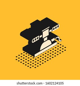 Isometric Automatic irrigation sprinklers icon isolated on yellow background. Watering equipment. Garden element. Spray gun icon.  Vector Illustration