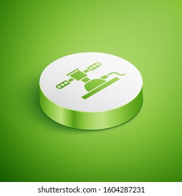 Isometric Automatic irrigation sprinklers icon isolated on green background. Watering equipment. Garden element. Spray gun icon. White circle button. Vector Illustration