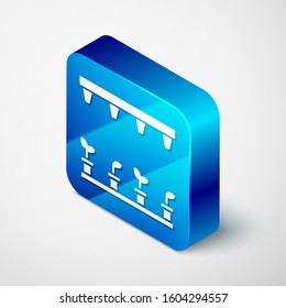 Isometric Automatic irrigation sprinklers icon isolated on white background. Watering equipment. Garden element. Spray gun icon. Blue square button. Vector Illustration