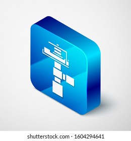 Isometric Automatic irrigation sprinklers icon isolated on white background. Watering equipment. Garden element. Spray gun icon. Blue square button. Vector Illustration