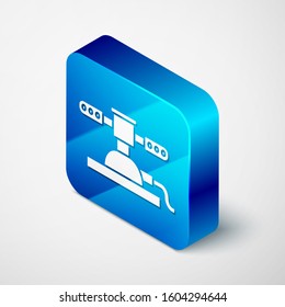 Isometric Automatic irrigation sprinklers icon isolated on white background. Watering equipment. Garden element. Spray gun icon. Blue square button. Vector Illustration