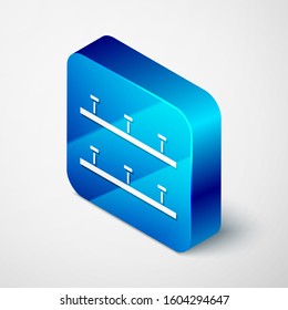 Isometric Automatic irrigation sprinklers icon isolated on white background. Watering equipment. Garden element. Spray gun icon. Blue square button. Vector Illustration