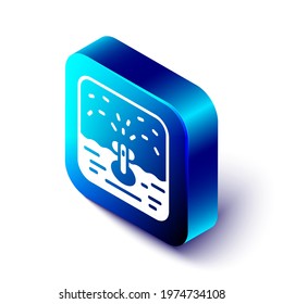 Isometric Automatic irrigation sprinklers icon isolated on white background. Watering equipment. Garden element. Spray gun icon. Blue square button. Vector