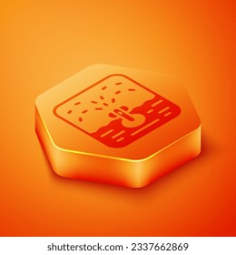 Isometric Automatic irrigation sprinklers icon isolated on orange background. Watering equipment. Garden element. Spray gun icon. Orange hexagon button. Vector