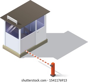 Isometric automatic road barrier and security kiosk. 3d parking elements.