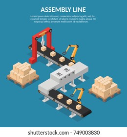 Isometric Automation abstract robotic assembly line set flat isolated vector illustration background