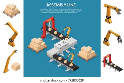 Isometric Automation abstract robotic assembly line set flat isolated vector illustration background