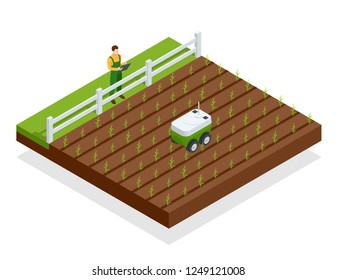 Isometric automation smart farming on the field. Artificial intelligence robots in agricultural. Organic food, agriculture concept.