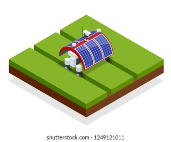 Isometric automation smart farming on the field. Artificial intelligence robots in agricultural. Organic food, agriculture concept.
