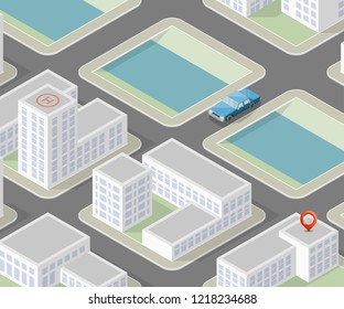 isometric automobil city. Online navigation application auto service. Isometry car vector isometric route town. 3D car classic vehicle itinerary road city. Get a motor online phone application