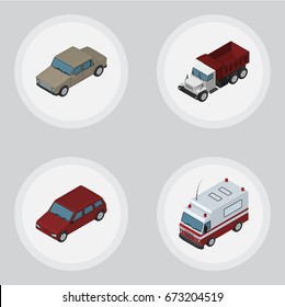 Isometric Automobile Set Of Auto, Car, Freight And Other Vector Objects. Also Includes Ambulance, Auto, Car Elements.