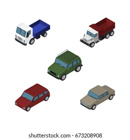 Isometric Automobile Set Of Auto, Car And Other Vector Objects. Also Includes Sedan, Truck, Drive Elements.