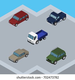 Isometric Automobile Set Of Auto, Lorry, Car And Other Vector Objects. Also Includes Sedan, Suv, Truck Elements.